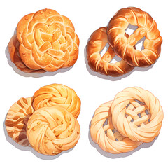 Set of danish butter cookies macro cutout. Five whole pretzel, round and rectangular shortbread biscuits with sugar isolated