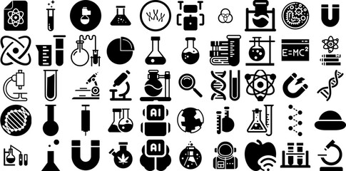 Mega Collection Of Science Icons Pack Hand-Drawn Isolated Drawing Silhouettes Symbol, Note, Algorithm, Icon Pictogram Isolated On White