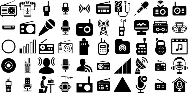 Massive Set Of Radio Icons Bundle Hand-Drawn Black Drawing Clip Art Aerial, Control, Icon, Frequency Graphic Isolated On White Background