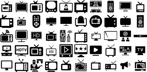 Huge Set Of Television Icons Pack Hand-Drawn Linear Infographic Pictograms Smart, Universal, Remote, Icon Symbols Isolated On White