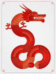 Geometric chinese dragon. Luxury red gold abstract zodiac animal.
