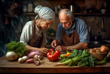 elderly couple cooking in the kitchen	