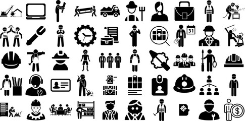 Mega Collection Of Worker Icons Collection Black Vector Web Icon Businessman, Businesswoman, Worker, Welfare Glyphs Isolated On Transparent Background - obrazy, fototapety, plakaty