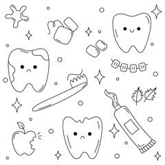 Dentistry doodle set of icons Children dental care. Cute tooth character set with different emotions. Toothbrush, toothpaste, tooth.