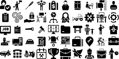 Big Set Of Work Icons Bundle Solid Vector Silhouette Tool, Contractor, Artist, Health Glyphs For Computer And Mobile