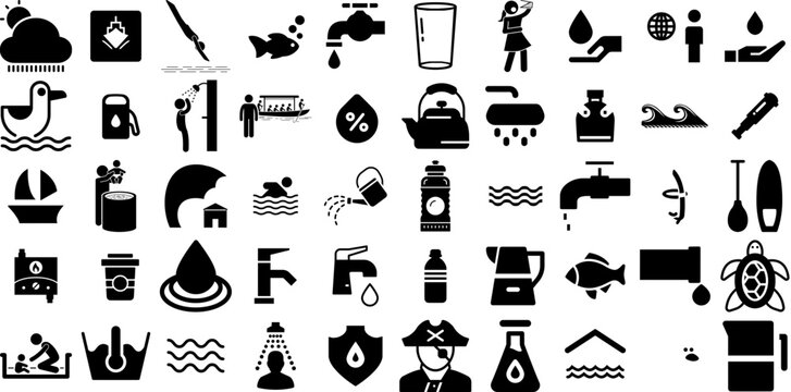 Massive Collection Of Water Icons Bundle Flat Cartoon Signs Wind, Bathing, Yacht, Tool Element Isolated On Transparent Background
