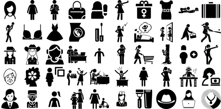 Big Collection Of Woman Icons Set Linear Design Symbol Silhouette, Figure, People, Workwear Graphic Isolated On White