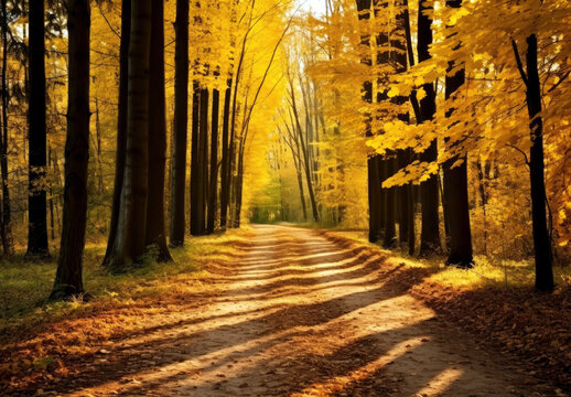 Autumn forest road with yellow leaves and sunbeams in the background. High quality photo