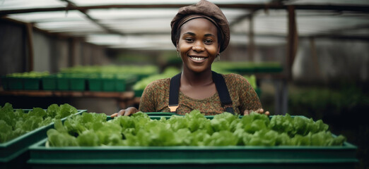 Vibrant African Woman Holding Abundant Harvest of Fresh Vegetables in Hydroponic Greenhouse. Generative AI