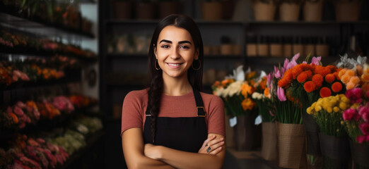 Confident Young Woman Embracing Nature in Flower Shop Garden. Generative AI