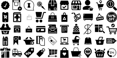 Massive Set Of Shopping Icons Pack Hand-Drawn Black Concept Web Icon Shopping Centre, Goodie, Purchase, Mark Silhouettes Isolated On White Background