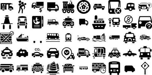 Big Set Of Transport Icons Pack Hand-Drawn Solid Vector Silhouette Ship, Symbol, Garden, Icon Illustration Vector Illustration