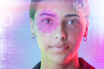 Cyber security, face and eye of woman with biometric password in the metaverse, overlay and futuristic technology. Safety, digital and young person online for facial recognition or verification