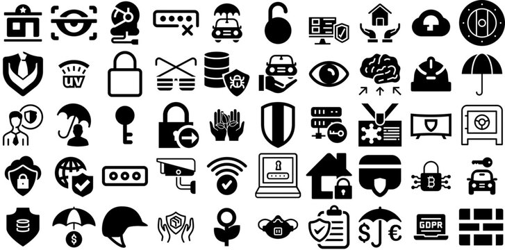 Huge Set Of Protection Icons Set Black Infographic Clip Art Optical, Mark, Health, Set Symbol Isolated On Transparent Background