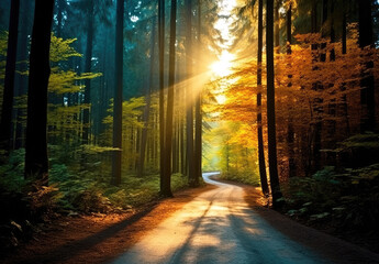 Road in the autumn forest with sunbeams and rays of light. High quality photo