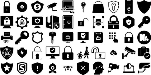 Huge Set Of Security Icons Collection Hand-Drawn Black Drawing Silhouettes Mark, Set, Tool, Person Symbols For Computer And Mobile - obrazy, fototapety, plakaty