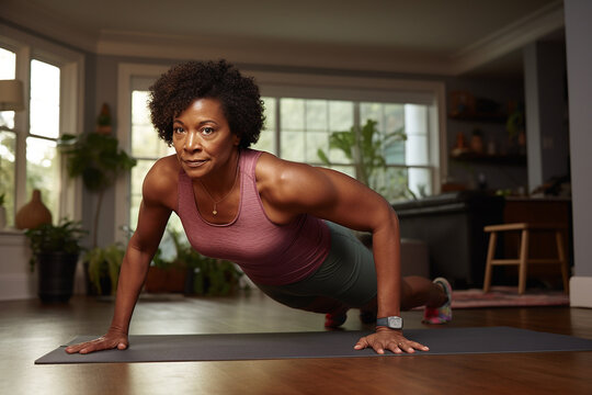 Elderly black woman exercising at home. She does push-ups to keep fit after 60.