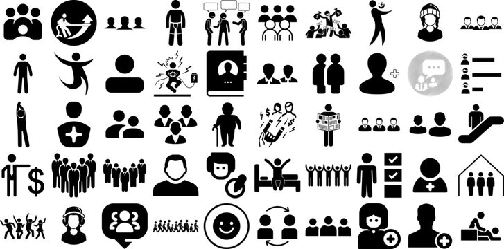 Mega Set Of People Icons Pack Hand-Drawn Black Infographic Signs Silhouette, People, Counseling, Profile Silhouette Isolated On White Background
