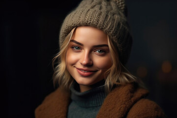 Confident blonde woman flashing a beaming smile in her wool hat. Generative AI