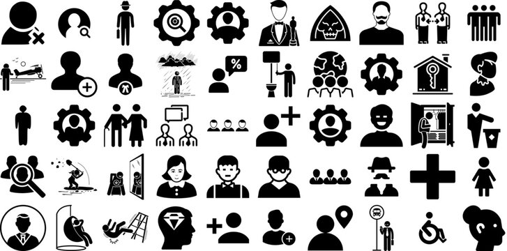 Big Set Of Person Icons Set Linear Modern Glyphs Silhouette, Health, Sweet, Profile Element Isolated On White Background