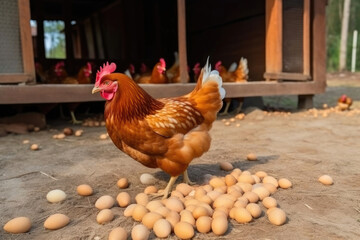 Hens laying eggs in a chicken coop. Generative AI