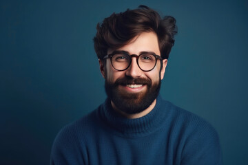 Fototapeta premium Happy man with beard and trendy glasses, exuding confidence in a casual sweater. Generative AI
