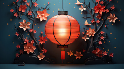 A background with orange lanterns and leaves on a tree. Generative Ai