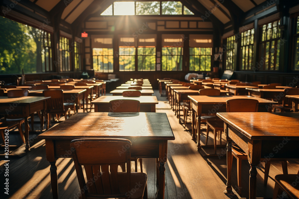 Poster empty classroom with sunlight streaming through the windows, casting a warm glow on the empty desks,