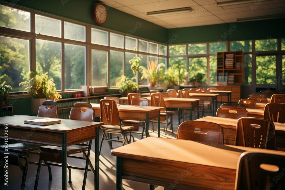 Poster empty classroom with sunlight streaming through the windows, casting a warm glow on the empty desks,