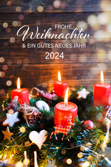 Christmas greeting card with German text Frohe Weihnachten und ein gutes neues Jahr 2024 - Merry Christmas and Happy New Year - Advent wreath with four burning candles - 621012009