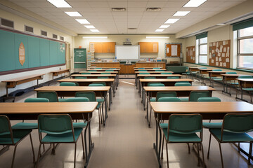 Fototapeta na wymiar Wide shot of an empty classroom, showcasing rows of desks and a teacher's podium, empty classroom, School, Back to School Generative AI