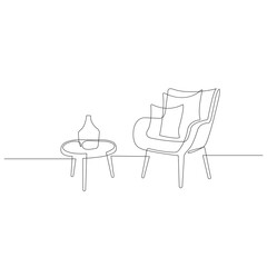 Continuous single one line art drawing of aesthetic modern minimalist cozy sofa chair vector illustration,Scandinavian stylish furniture in simple Linear style. Doodle vector illustration © Nirob