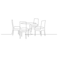 Table with office chairs. Continuous One line drawing art. Isolated vector illustration. Hand drawn contour on white background