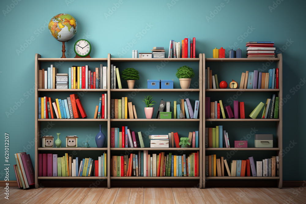 Poster empty classroom with a bookshelf filled with books and educational resources, empty classroom, schoo