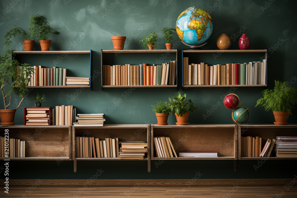 Aufkleber empty classroom with a bookshelf filled with books and educational resources, empty classroom, schoo