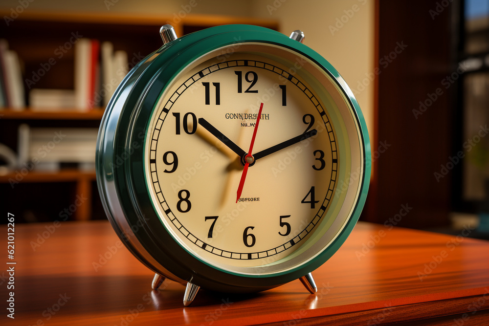 Poster close-up of an empty classroom clock, frozen in time, indicating the break between classes, empty cl