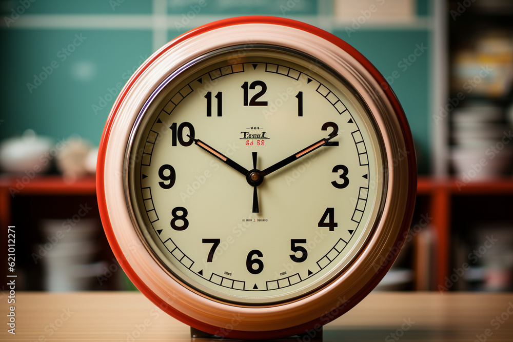 Poster close-up of an empty classroom clock, frozen in time, indicating the break between classes, empty cl