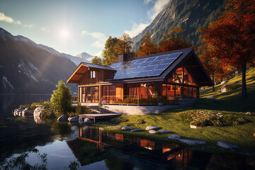 Fototapeta premium House roof solar panel Generative ai. Eco-friendly home solar panels sustainability created.