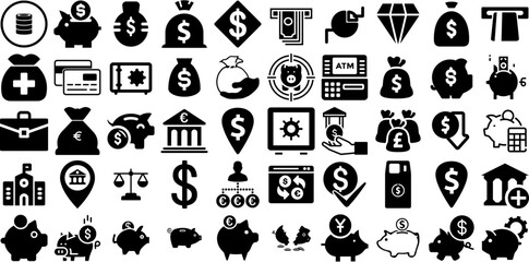 Huge Collection Of Bank Icons Collection Solid Drawing Symbol Merchant, Coin, Bank, Icon Pictograph Isolated On Transparent Background