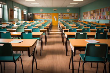 Wide shot of an empty classroom with chairs stacked on desks, indicating the end of the school day, empty classroom, School, Back to School Generative AI