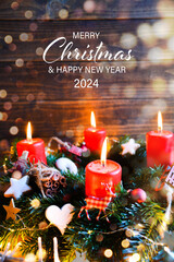 Christmas Card- Merry Christmas and Happy New Year 2024 - Advent wreath with four burning candles - 621012287