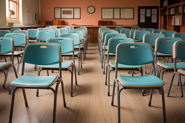 Wide shot of an empty classroom with chairs stacked on desks, indicating the end of the school day, empty classroom, School, Back to School Generative AI