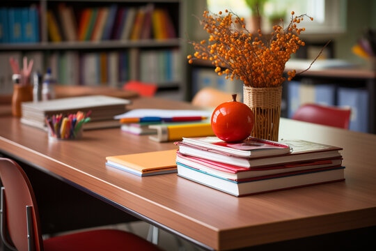 Close-up of an empty teacher's desk with organized paperwork and a cup of pencils, empty classroom, School, Back to School Generative AI