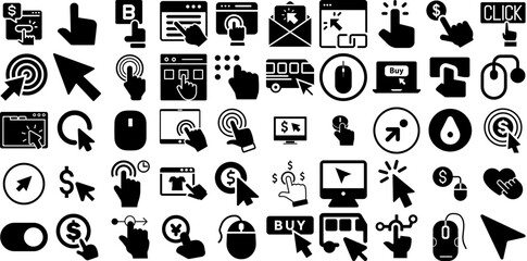 Massive Collection Of Click Icons Bundle Hand-Drawn Solid Simple Pictogram Pointer, Marketing, Interface, Icon Pictograms Isolated On White Background