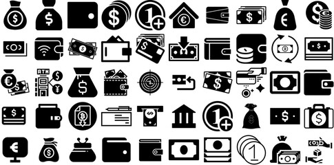 Big Collection Of Cash Icons Collection Hand-Drawn Linear Design Symbol Finance, Icon, Way, Coin Silhouette Isolated On White Background