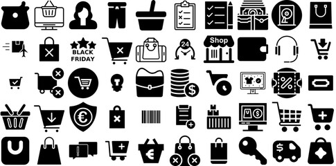 Massive Set Of Commerce Icons Collection Hand-Drawn Solid Design Pictogram Icon, Business, Savings, Commercial Clip Art Vector Illustration