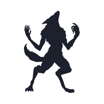 Black silhouette of werewolf. Halloween legendary monster. Isolated scary wolf drawing. Fantasy wolfman clipart