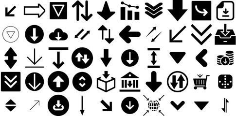 Massive Set Of Down Icons Pack Hand-Drawn Linear Modern Pictogram Icon, Symbol, Go, Circle Silhouettes Vector Illustration
