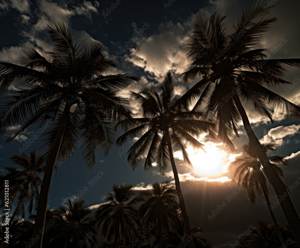 Aufkleber silhouetted palm trees reach towards a sky ablaze with sunset hues. shadows and light play on the ba