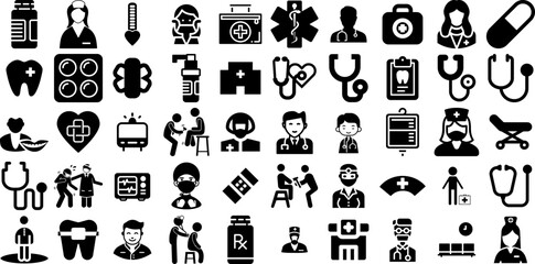 Massive Set Of Doctor Icons Bundle Hand-Drawn Black Simple Symbol Symbol, Icon, Surgeon, Health Symbol Isolated On Transparent Background